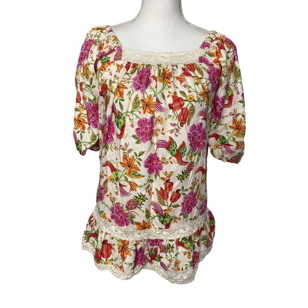 Rachel & Zoe Womens tropical print Parrots Long blouse Tunic linen blend size XS